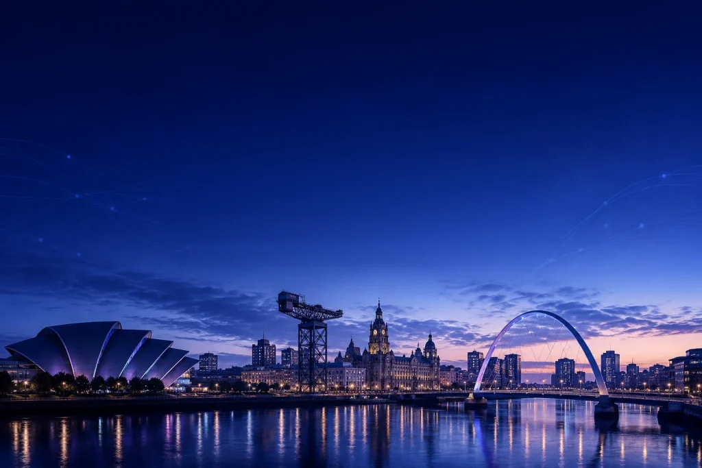 The River Clyde in Glasgow at dusk, with the Armadillo, the Finnieston Crane and the Clyde Arc