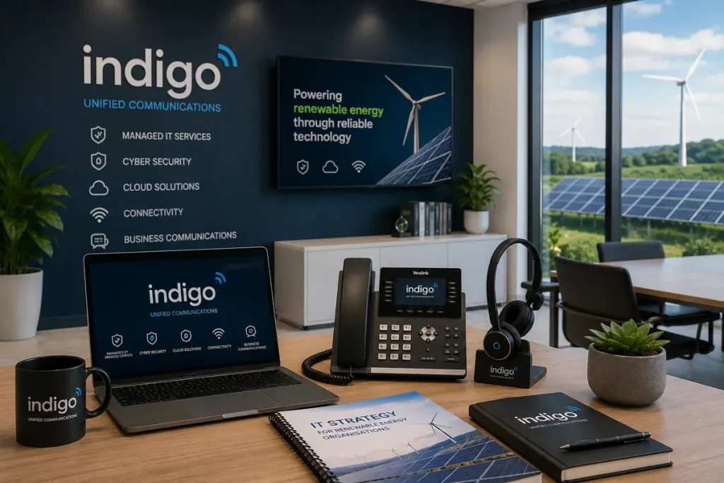 Laptop and desk phone in a renewable energy office