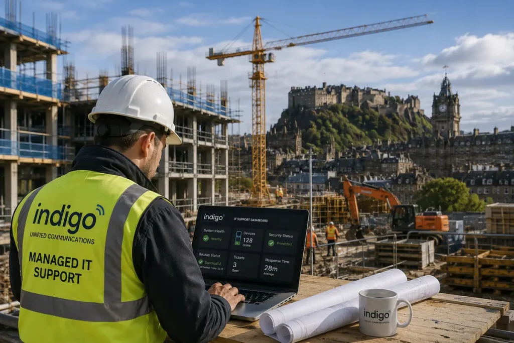Site manager checking IT systems on a laptop at a construction site