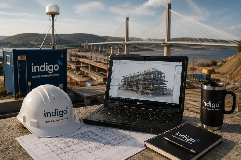 Rugged laptop and hard hat in a site office